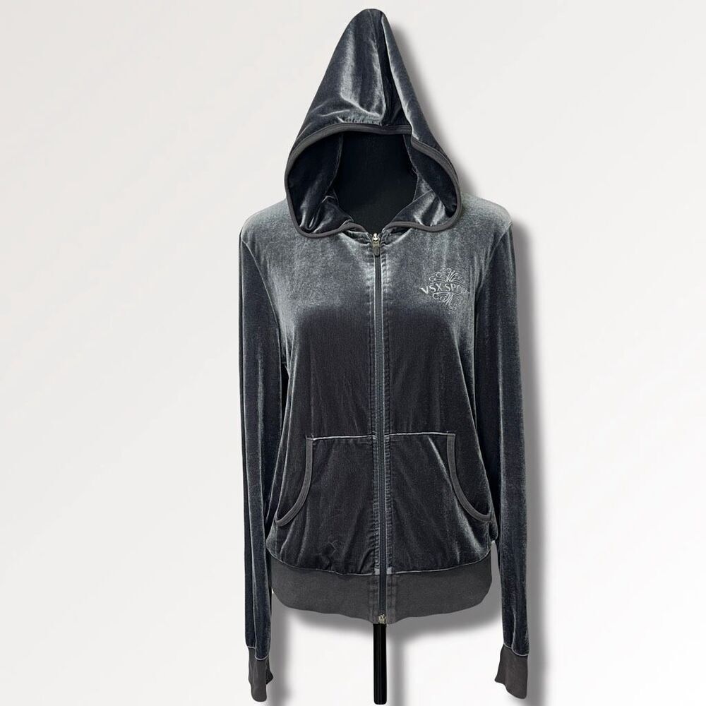 Vintage Distressed Victoria’s Secret VSX Sport Velour Zip-Up Hoodie Sweatshirt
